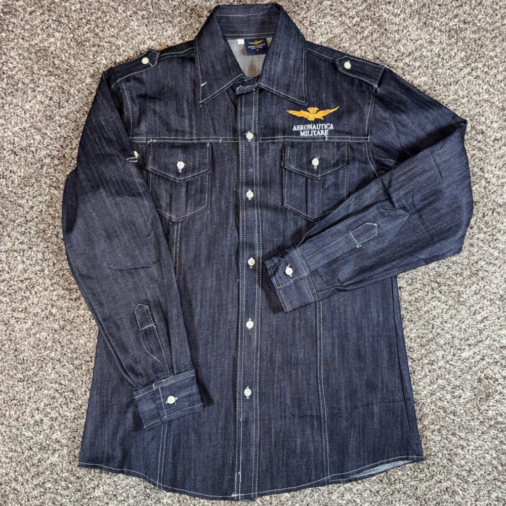 NWOT XL Vintage Aeronautica Militare  Raw Denim Shirt Embroidered Military